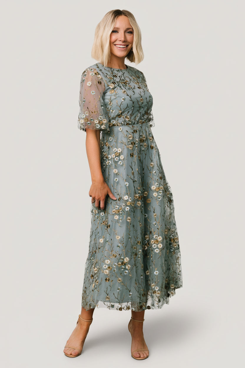 Baltic Born Womens Arabella Embroidered Tulle Maxi Dress | Dusty Blue Floral