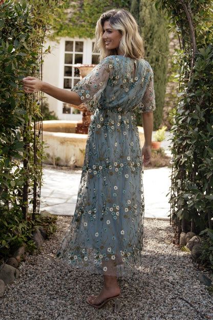 Arabella Embroidered Tulle Maxi Dress | Dusty Blue Floral - Baltic Born