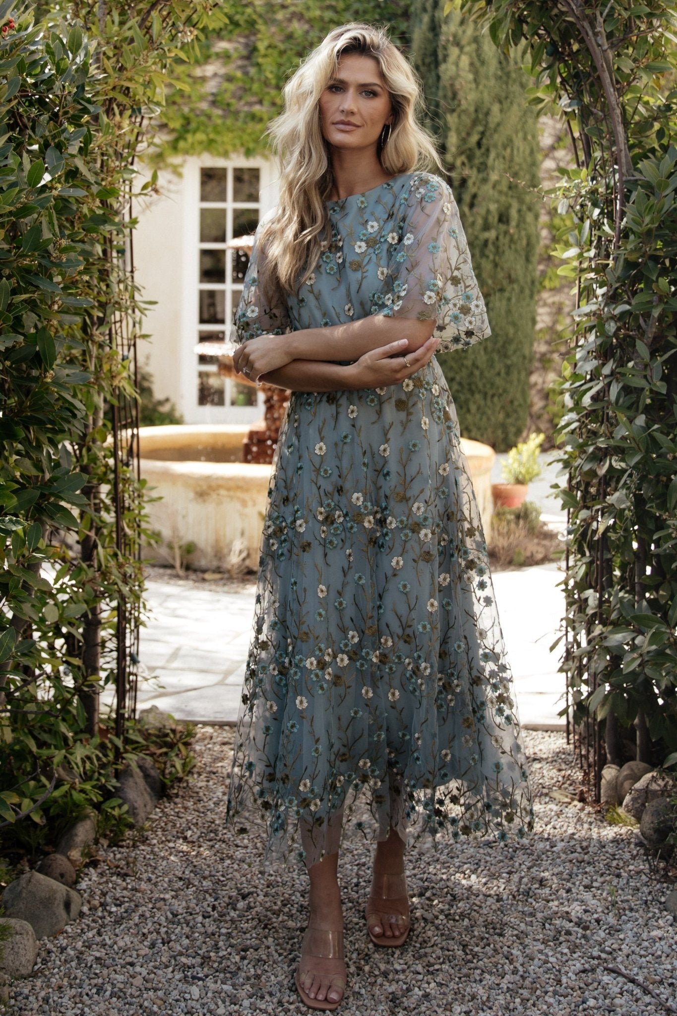 Urbann Vibe Blue Embroidered Tulle Maxi Dress For Girls With Square Neckline Boho Spring Style