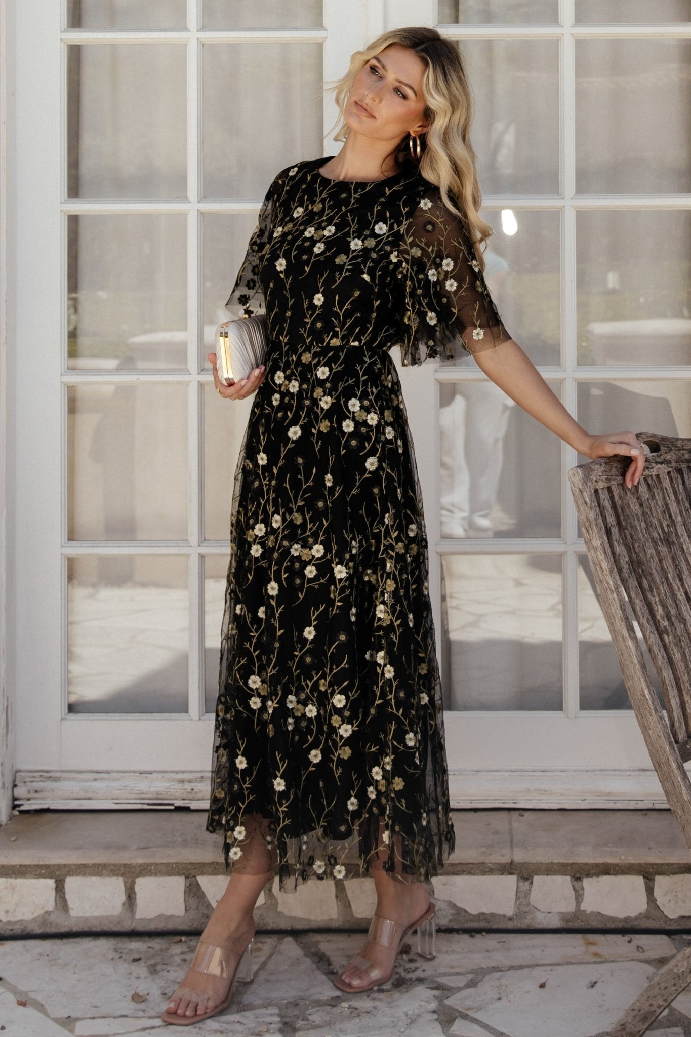 Arabella Embroidered Tulle Maxi Dress | Gold + Black - Baltic Born