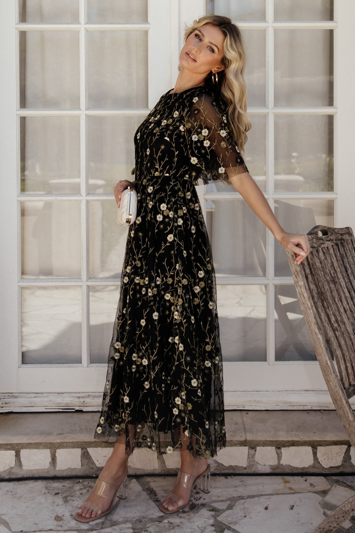 Arabella Embroidered Tulle Maxi Dress | Gold + Black - Baltic Born