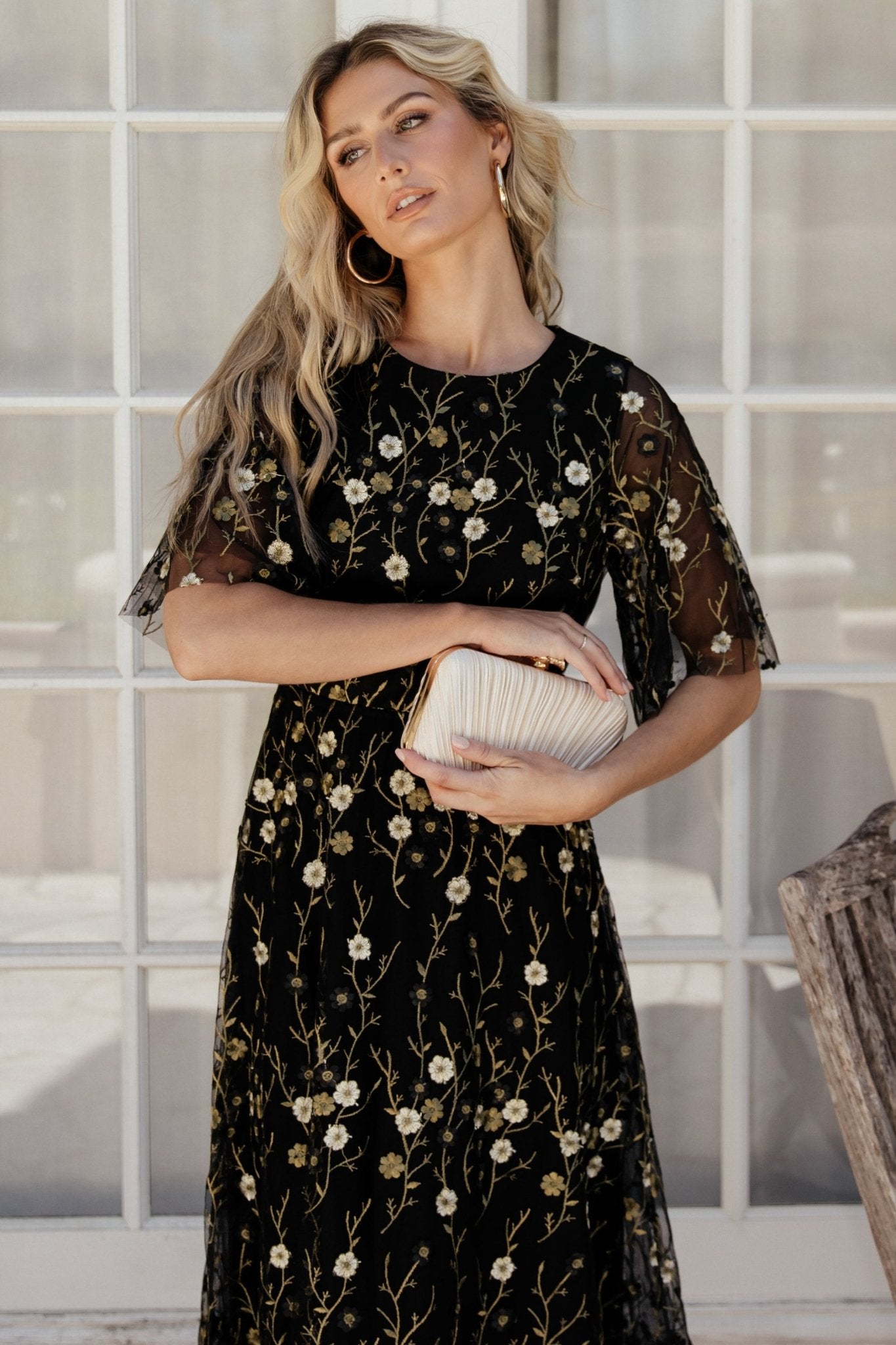 Shops black and gold embroidered dress