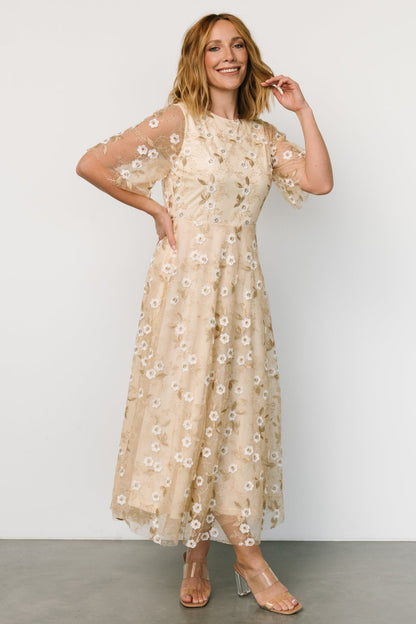 Arabella Embroidered Tulle Maxi Dress | Gold + White - Baltic Born