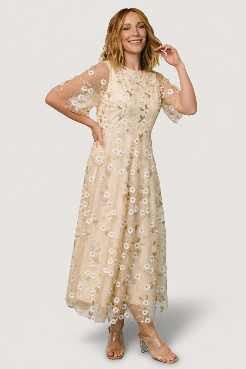 Arabella Embroidered Tulle Maxi Dress | Gold + White Arabella Embroidered Tulle Maxi Dress | Gold + White