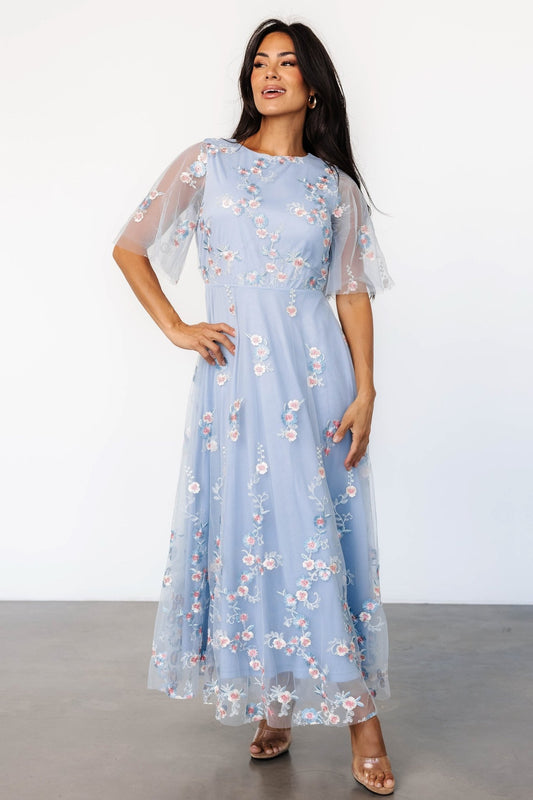 Arabella Embroidered Tulle Maxi Dress | Light Blue + Blush - Baltic Born