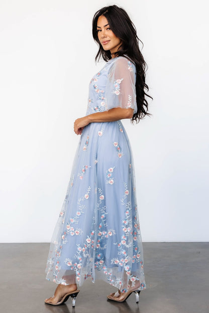 Arabella Embroidered Tulle Maxi Dress | Light Blue + Blush - Baltic Born