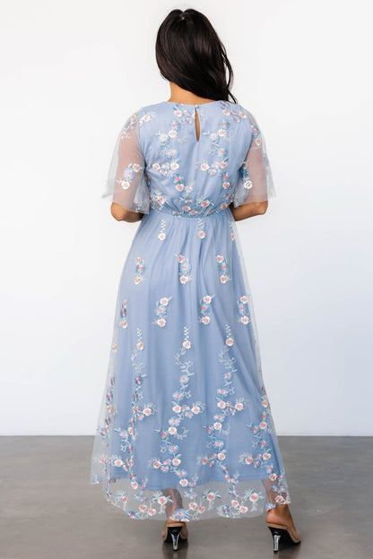 Arabella Embroidered Tulle Maxi Dress | Light Blue + Blush - Baltic Born