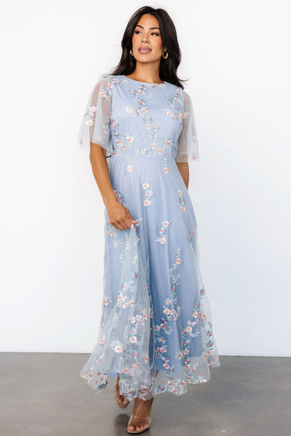 Arabella Embroidered Tulle Maxi Dress | Light Blue + Blush - Baltic Born