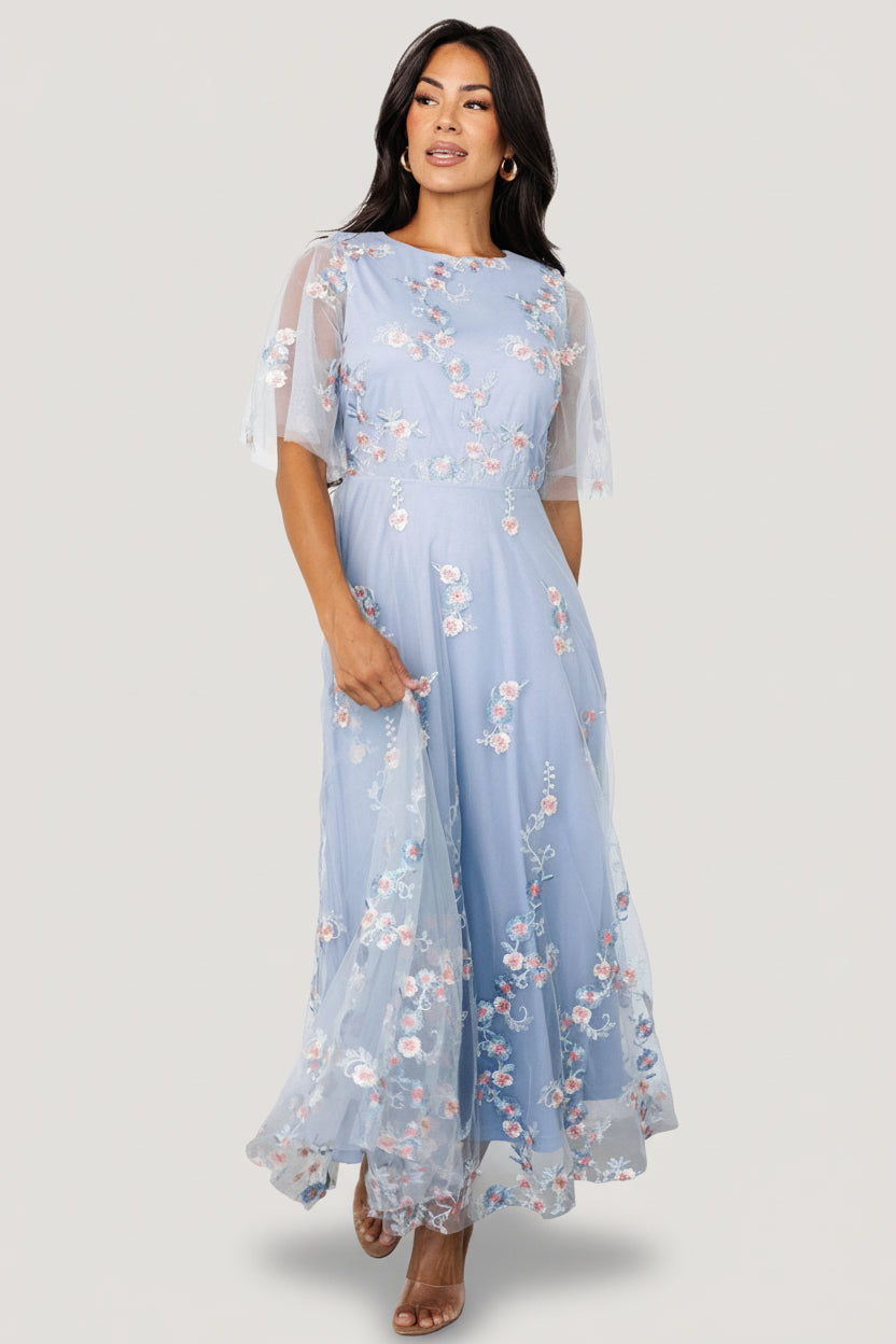 Arabella Embroidered Tulle Maxi Dress | Light Blue + Blush