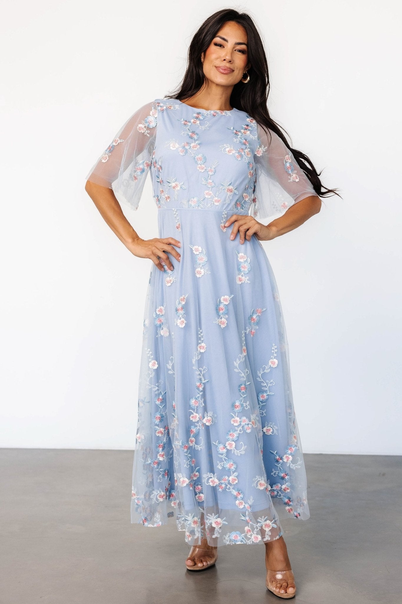 Arabella Embroidered Tulle Maxi Dress Light Blue Blush