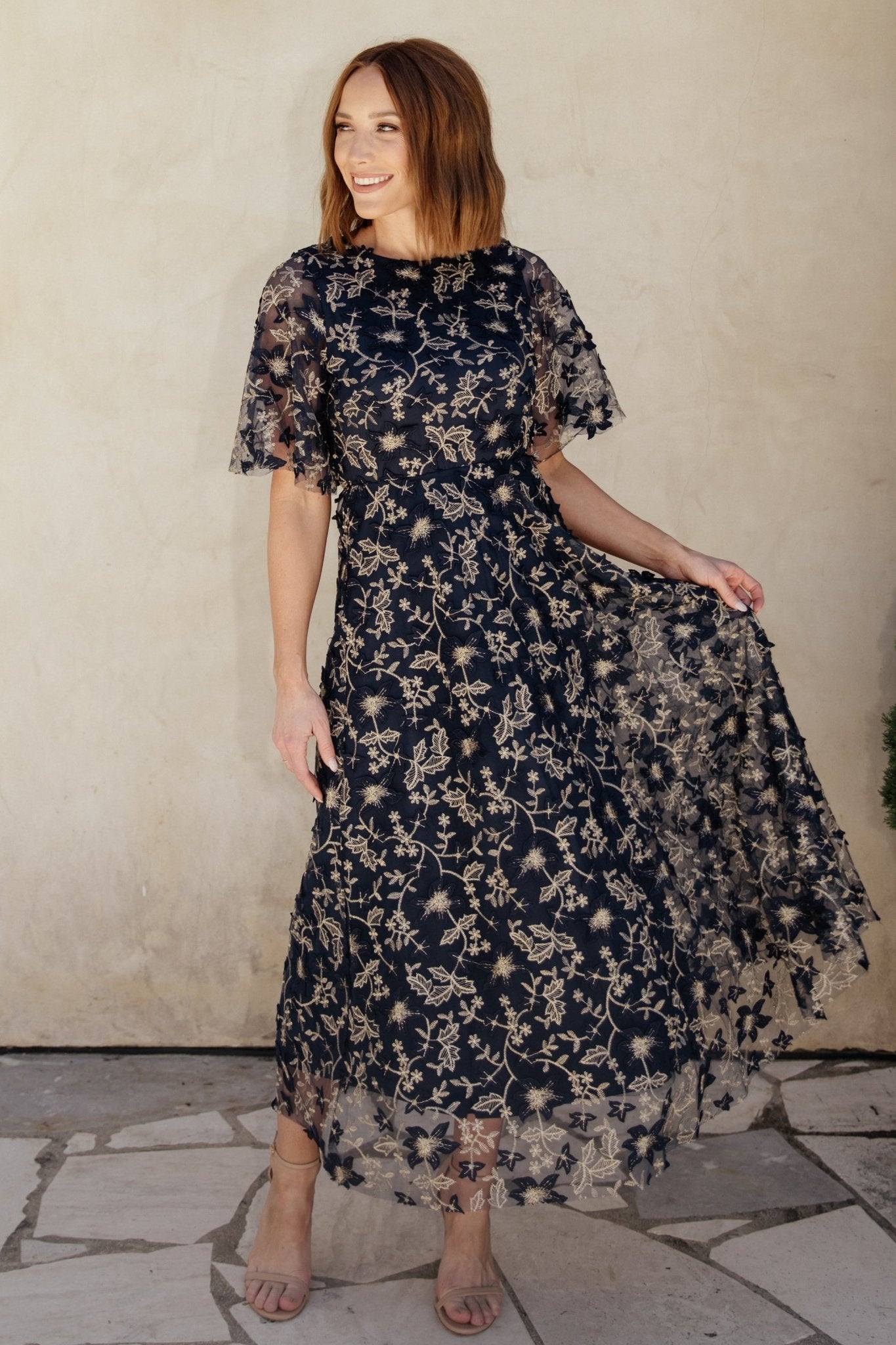 Arabella Embroidered Tulle Maxi Dress | Navy + Gold - Baltic Born