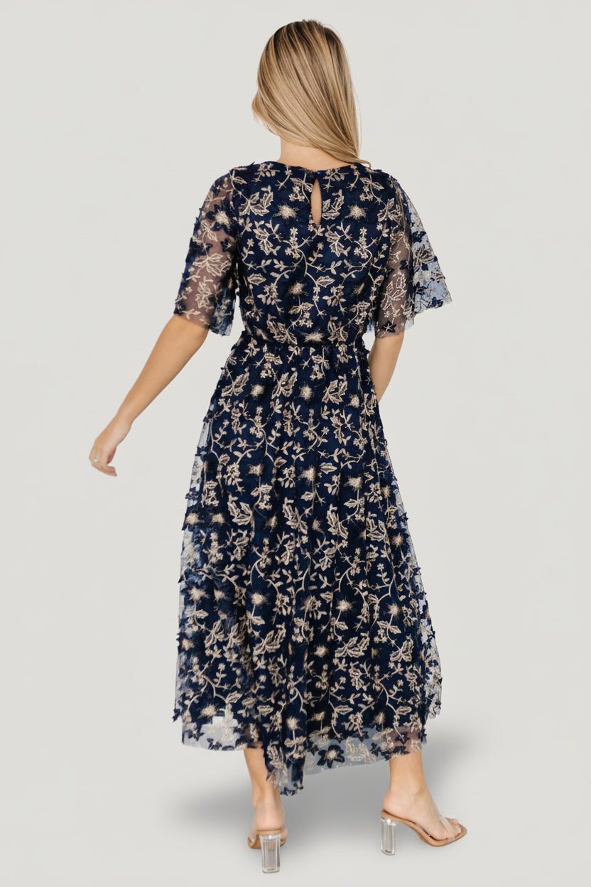 Arabella Embroidered Tulle Maxi Dress | Navy + Gold