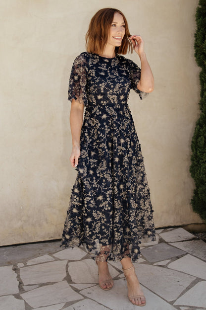 Arabella Embroidered Tulle Maxi Dress | Navy + Gold - Baltic Born