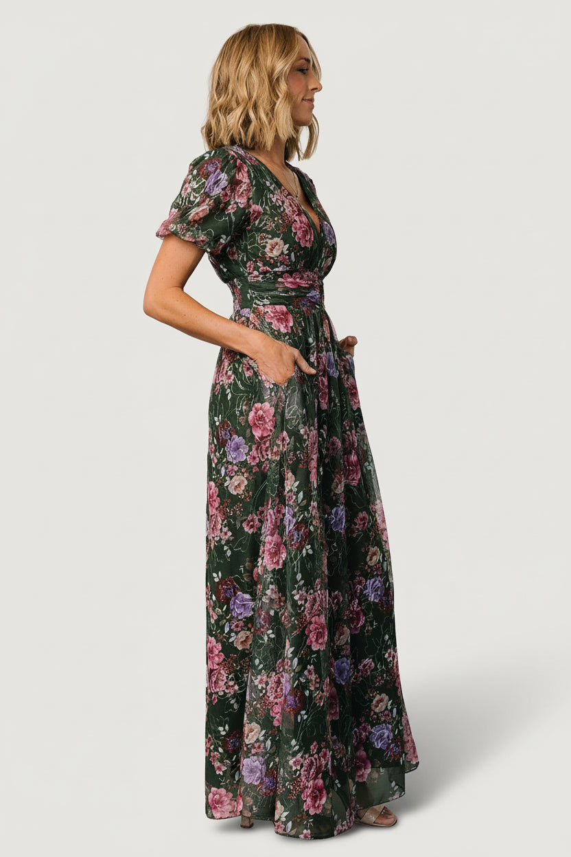 Back view of Ardley maxi dress displaying full lining, maxi-length skirt, and overall floral print continuity across the garment.