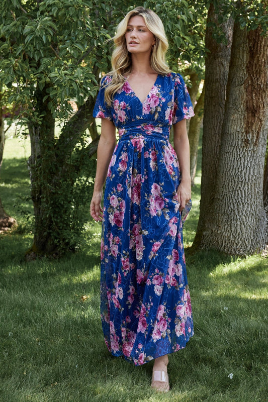 Silkfred Blue Dress With Floral Print Navy Blush Flower Dress Navy