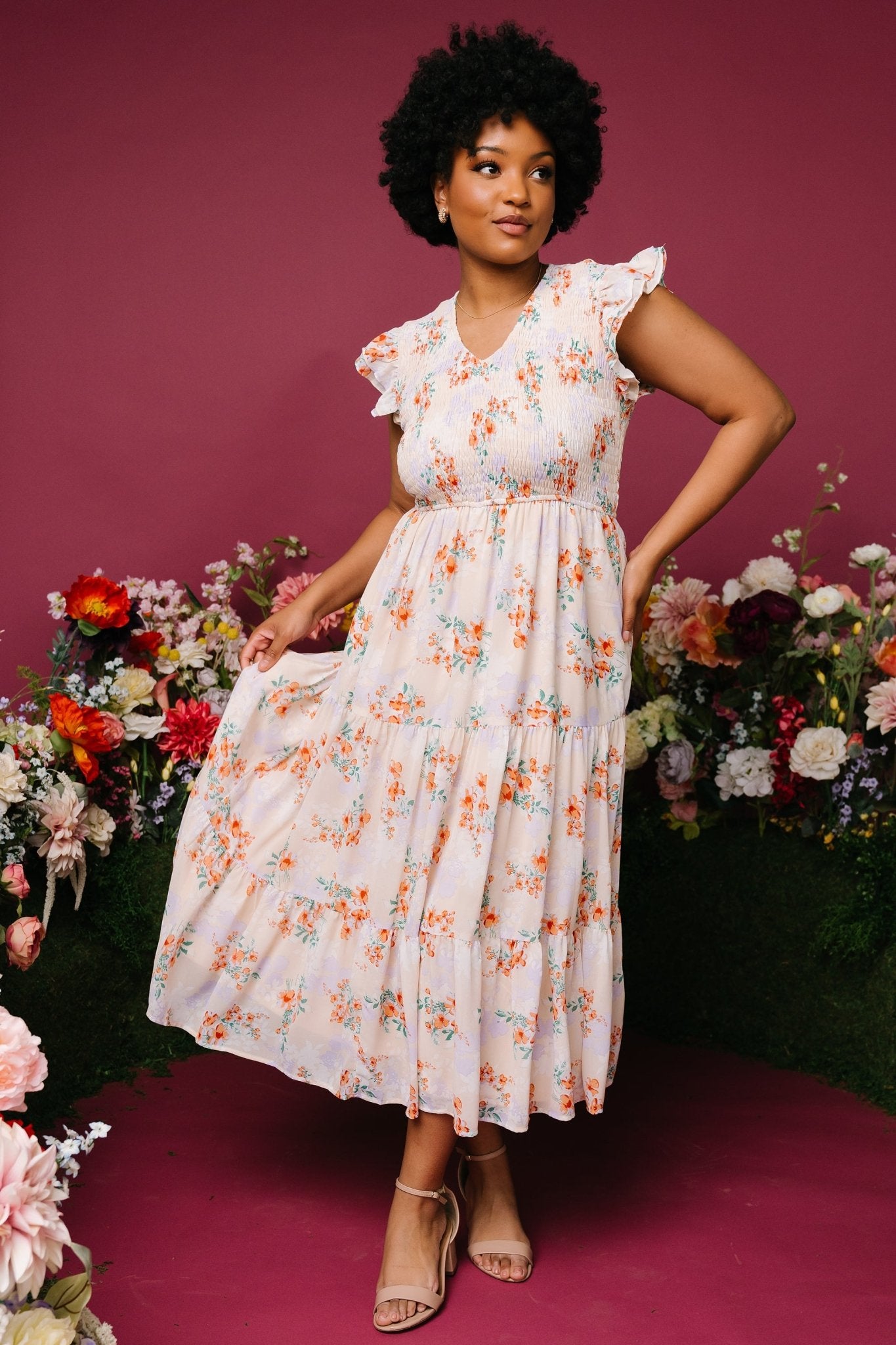 Baltic Born Womens Arla Smocked Maxi Dress | Cream Floral | Size: Large Baltic Born Womens Arla Smocked Maxi Dress | Cream Floral | Size: Large