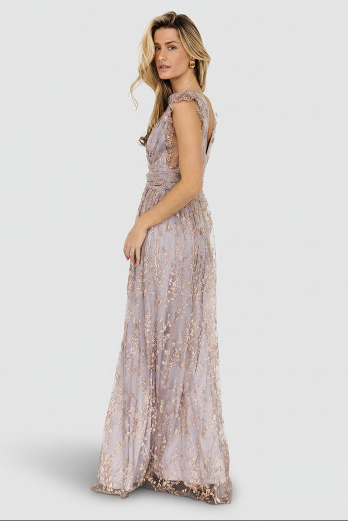 Model wearing the Arlene gown, showing fit at banded waist and length to the floor; model is 5'9" wearing size S.