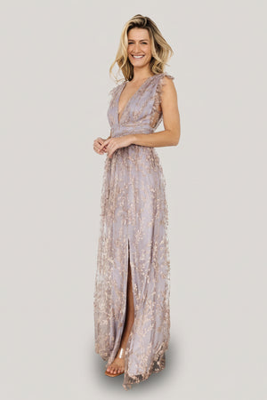 Full front view of Arlene Shimmer Maxi Gown in dusty lilac with rose-gold floral shimmer and deep V neckline, floor-length.