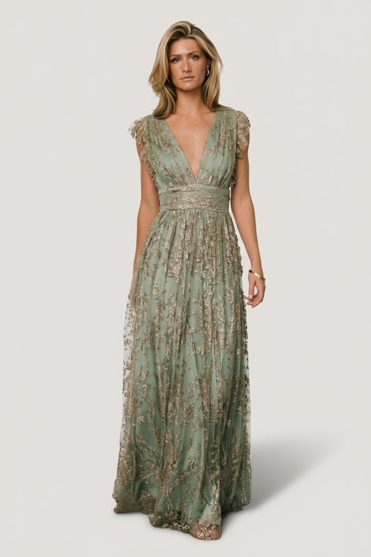 Front full-length view of the Arlene Shimmer Gown in sage and gold, shimmer tulle overlay with sparkling floral sequin pattern and deep V neckline.