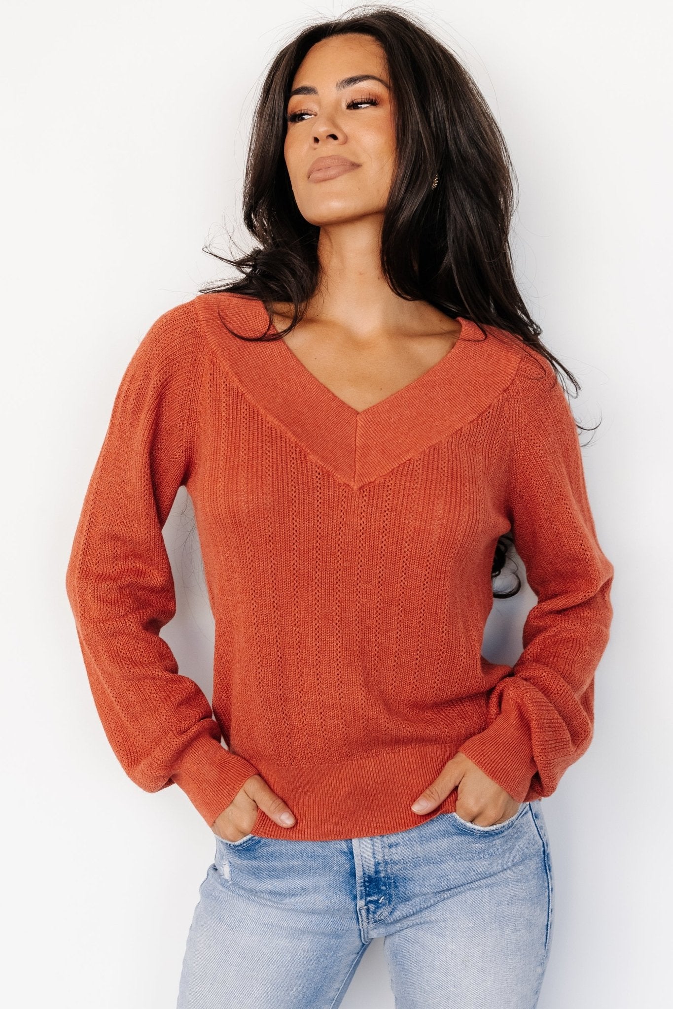 Ashby V Neck Sweater Top | Light Rust - Baltic Born