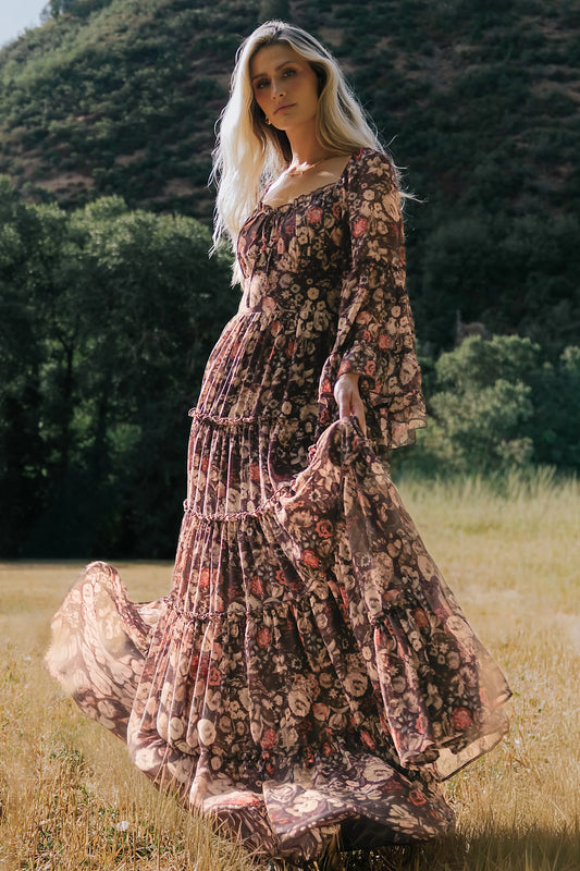 Ashwood Boho Maxi Dress in Brown Floral with square neckline, sheer flared sleeves, smocked back, and tiered skirt.