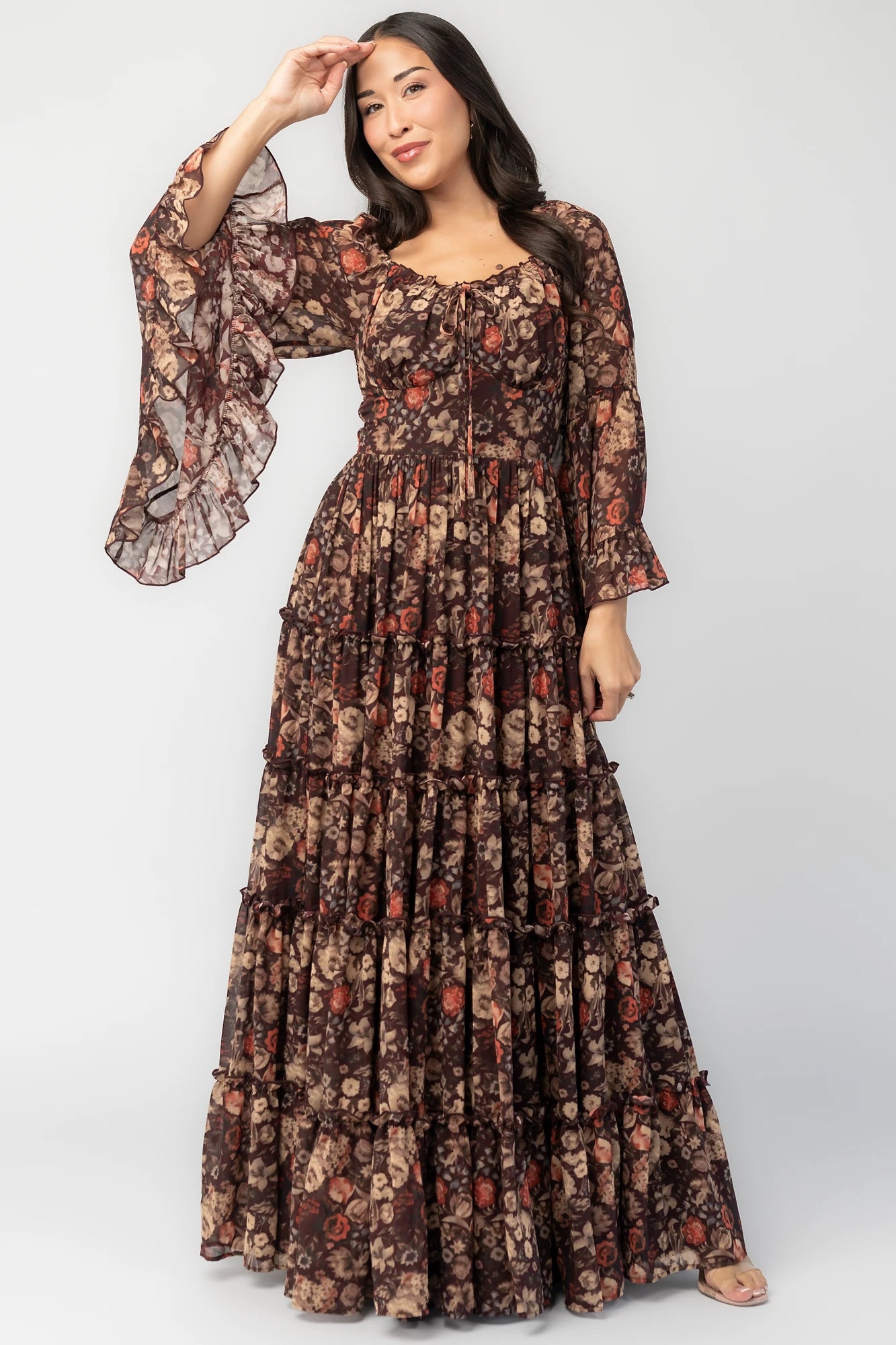 Ashwood Boho Maxi Dress in Brown Floral with square neckline, sheer flared sleeves, smocked back, and tiered skirt.