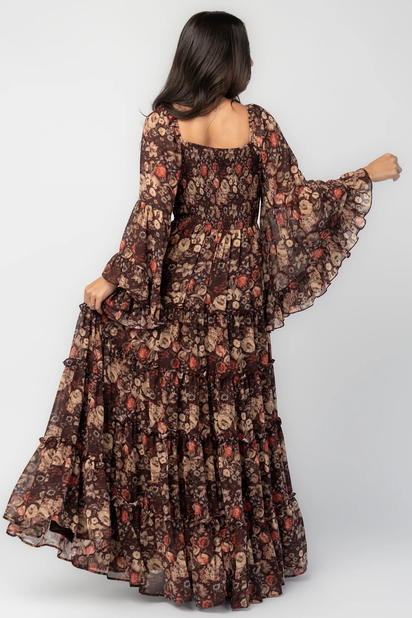 Ashwood Boho Maxi Dress in Brown Floral with square neckline, sheer flared sleeves, smocked back, and tiered skirt.