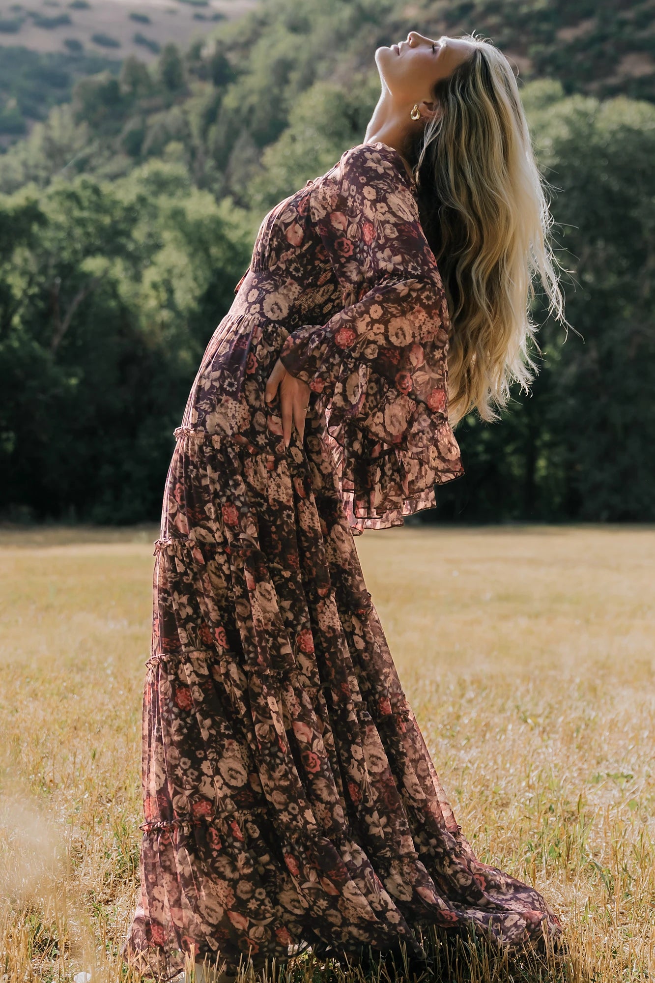 Ashwood Boho Maxi Dress in Brown Floral with square neckline, sheer flared sleeves, smocked back, and tiered skirt.