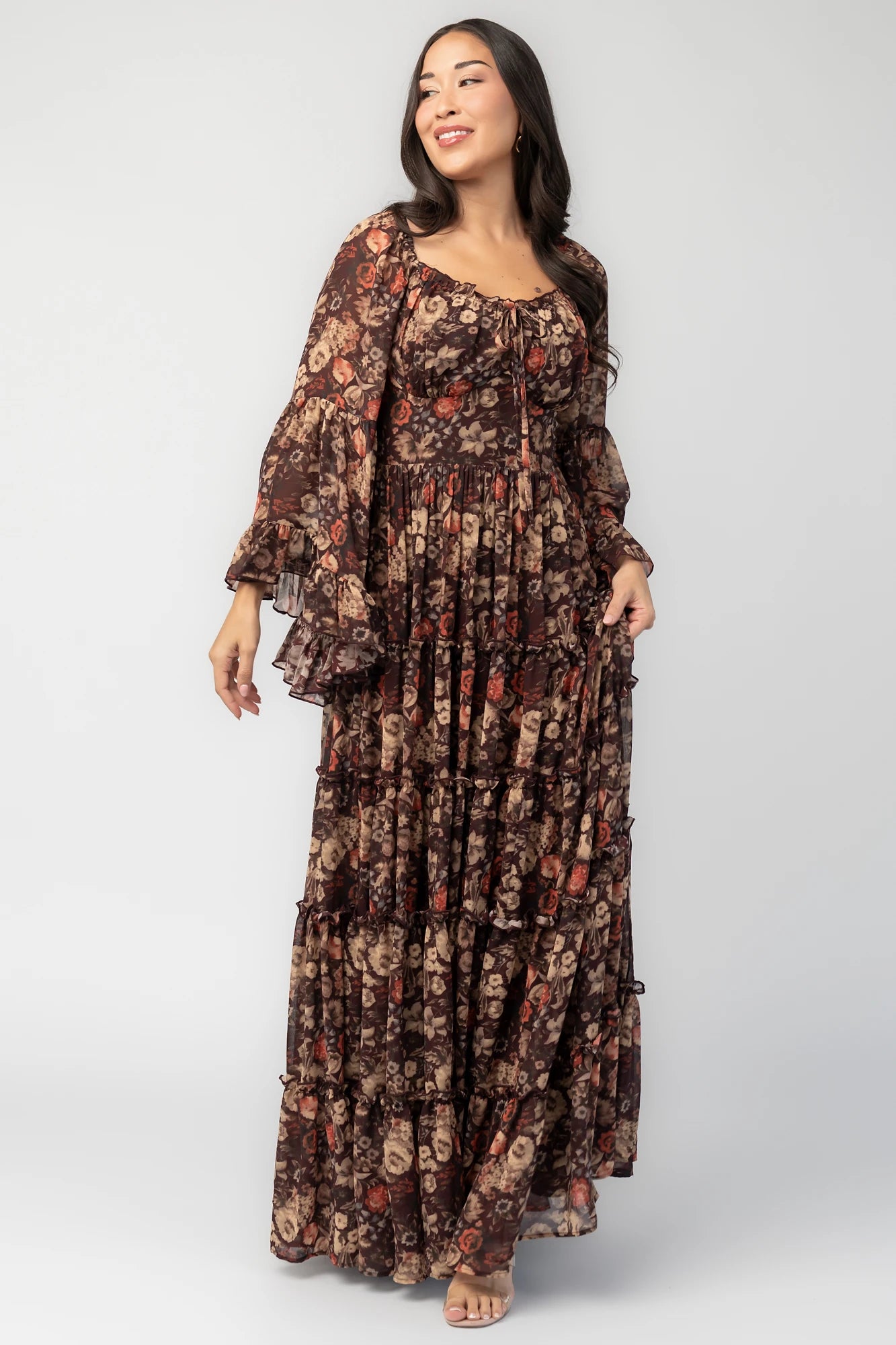 Ashwood Boho Maxi Dress in Brown Floral with square neckline, sheer flared sleeves, smocked back, and tiered skirt.