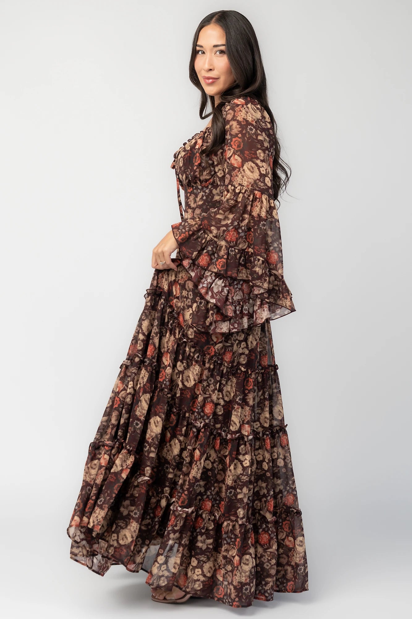 Ashwood Boho Maxi Dress in Brown Floral with square neckline, sheer flared sleeves, smocked back, and tiered skirt.