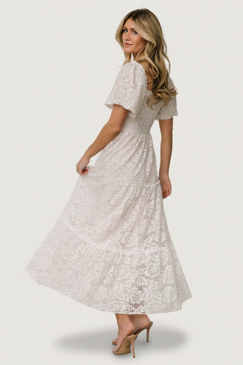 Aspen Smocked Lace Maxi Dress — Off-White