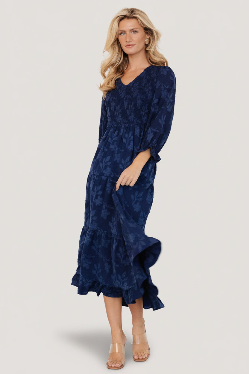Aubrey Smocked Midi Dress | Navy Floral