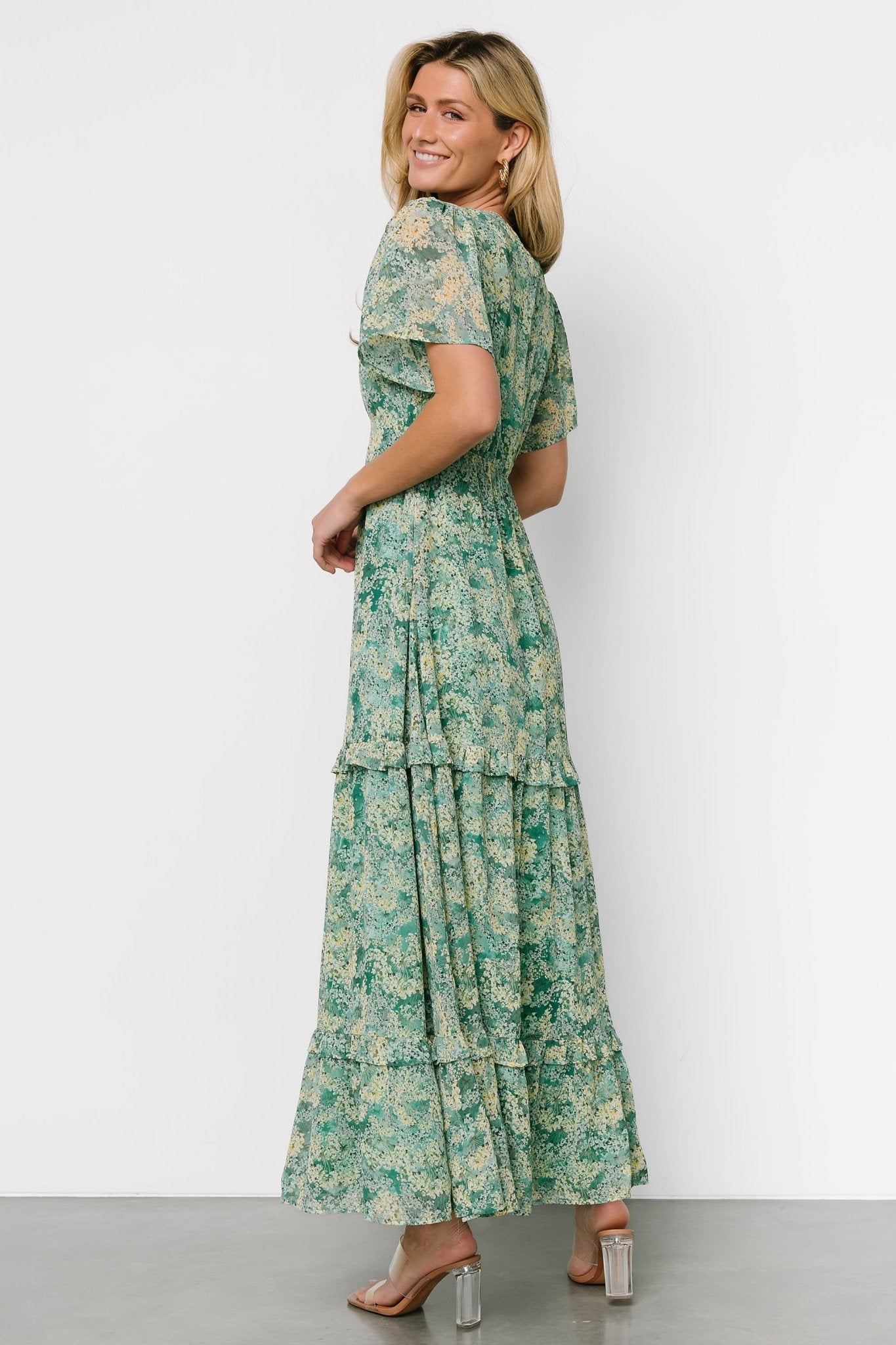 Audrey Deep V Maxi Dress | Green Floral - Baltic Born