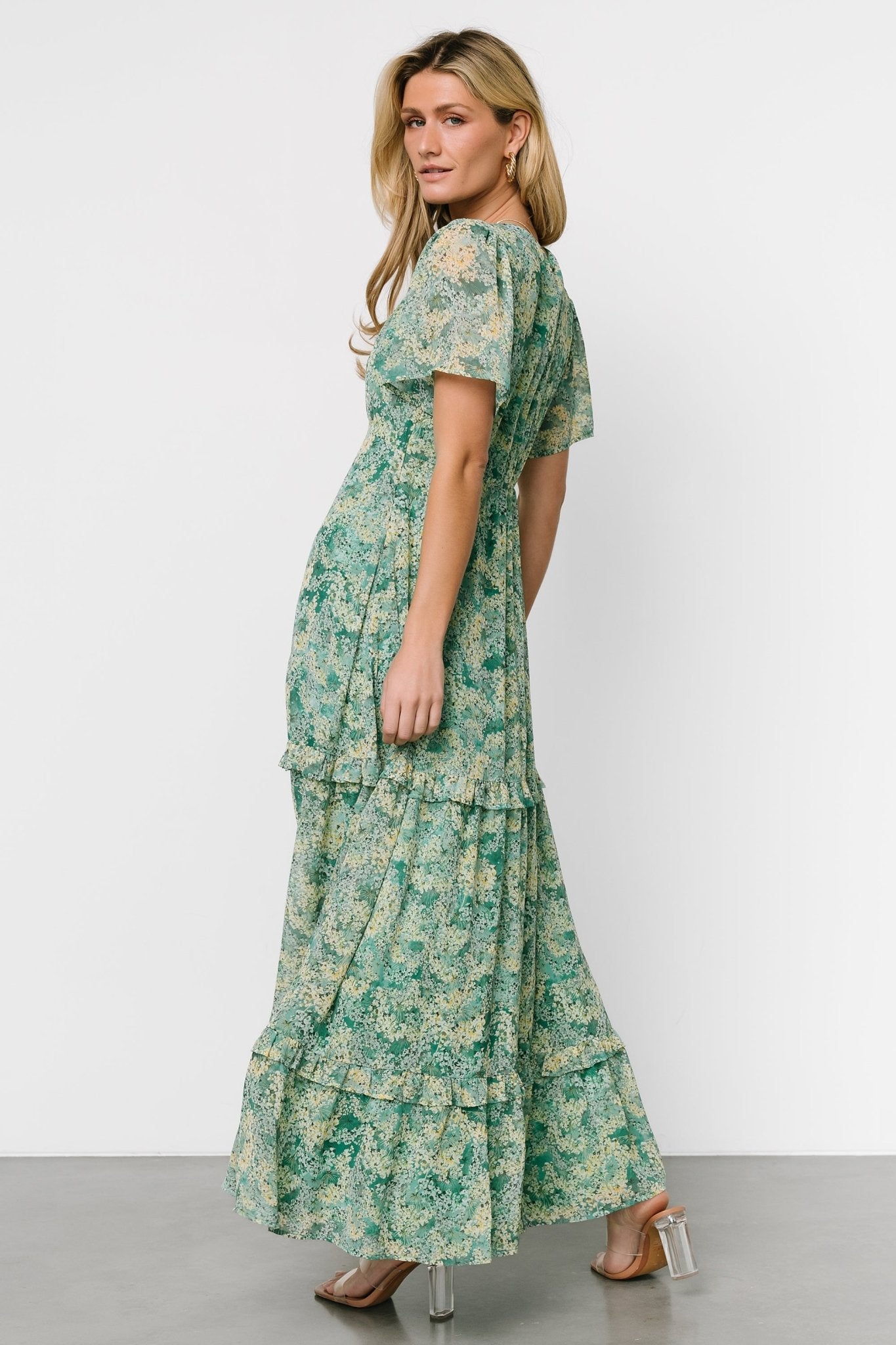 Audrey Deep V Maxi Dress | Green Floral - Baltic Born