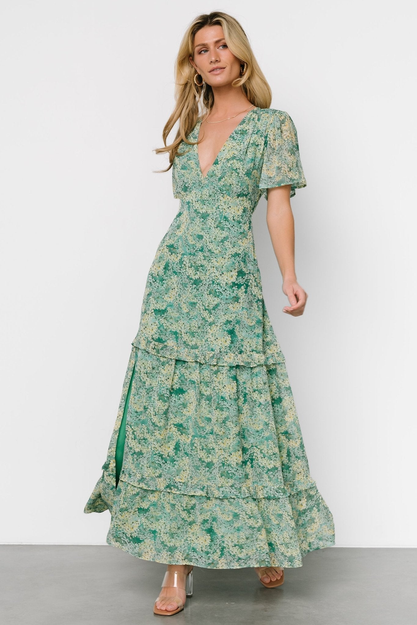 Audrey Deep V Maxi Dress | Green Floral - Baltic Born