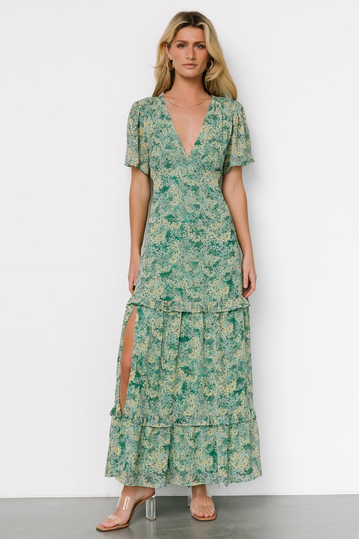 Audrey Deep V Maxi Dress | Green Floral - Baltic Born