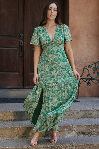 Audrey Deep V Maxi Dress | Green Floral - Baltic Born