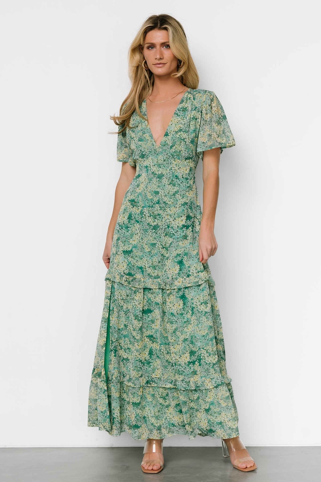 Audrey Deep V Maxi Dress | Green Floral - Baltic Born