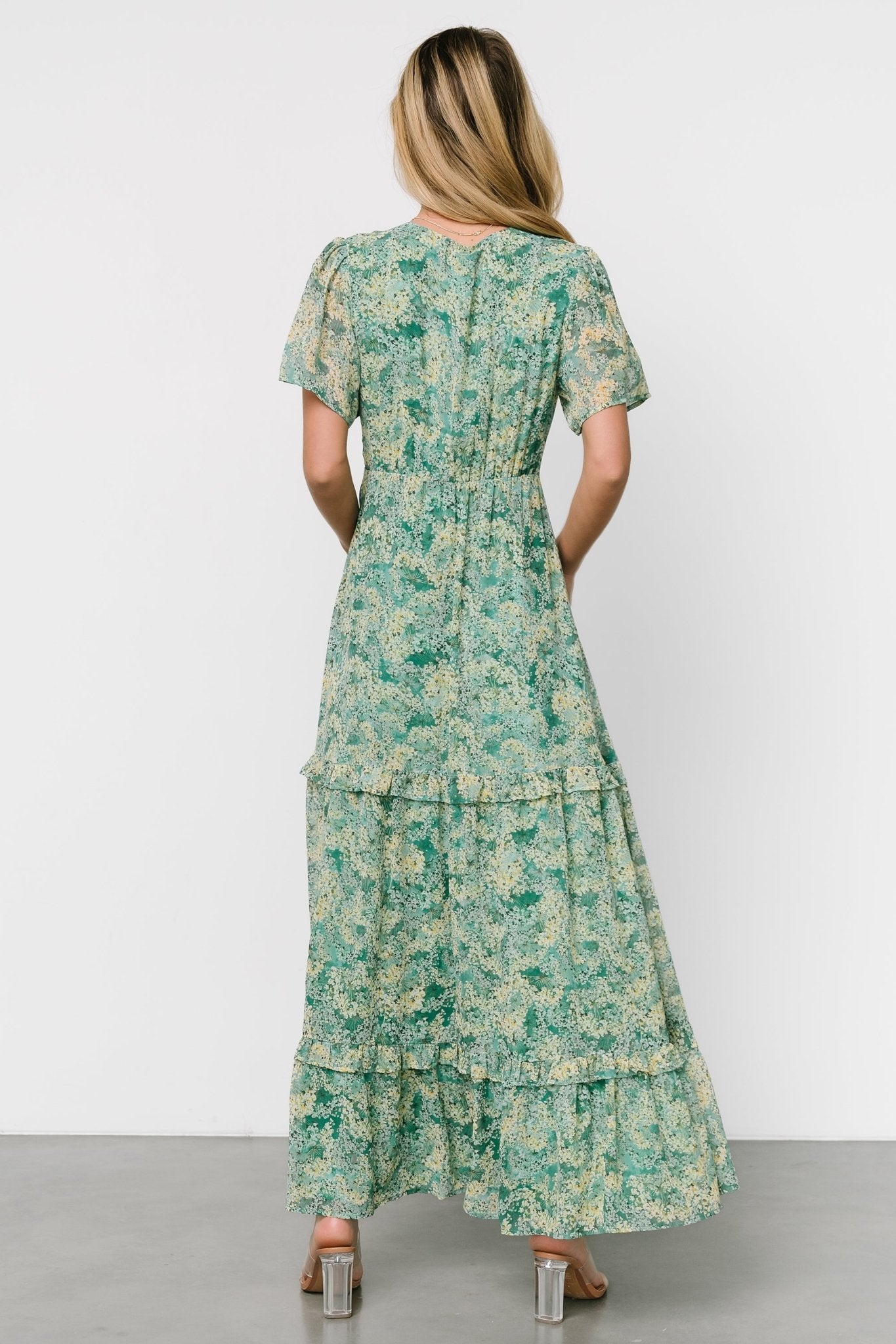 Audrey Deep V Maxi Dress | Green Floral - Baltic Born