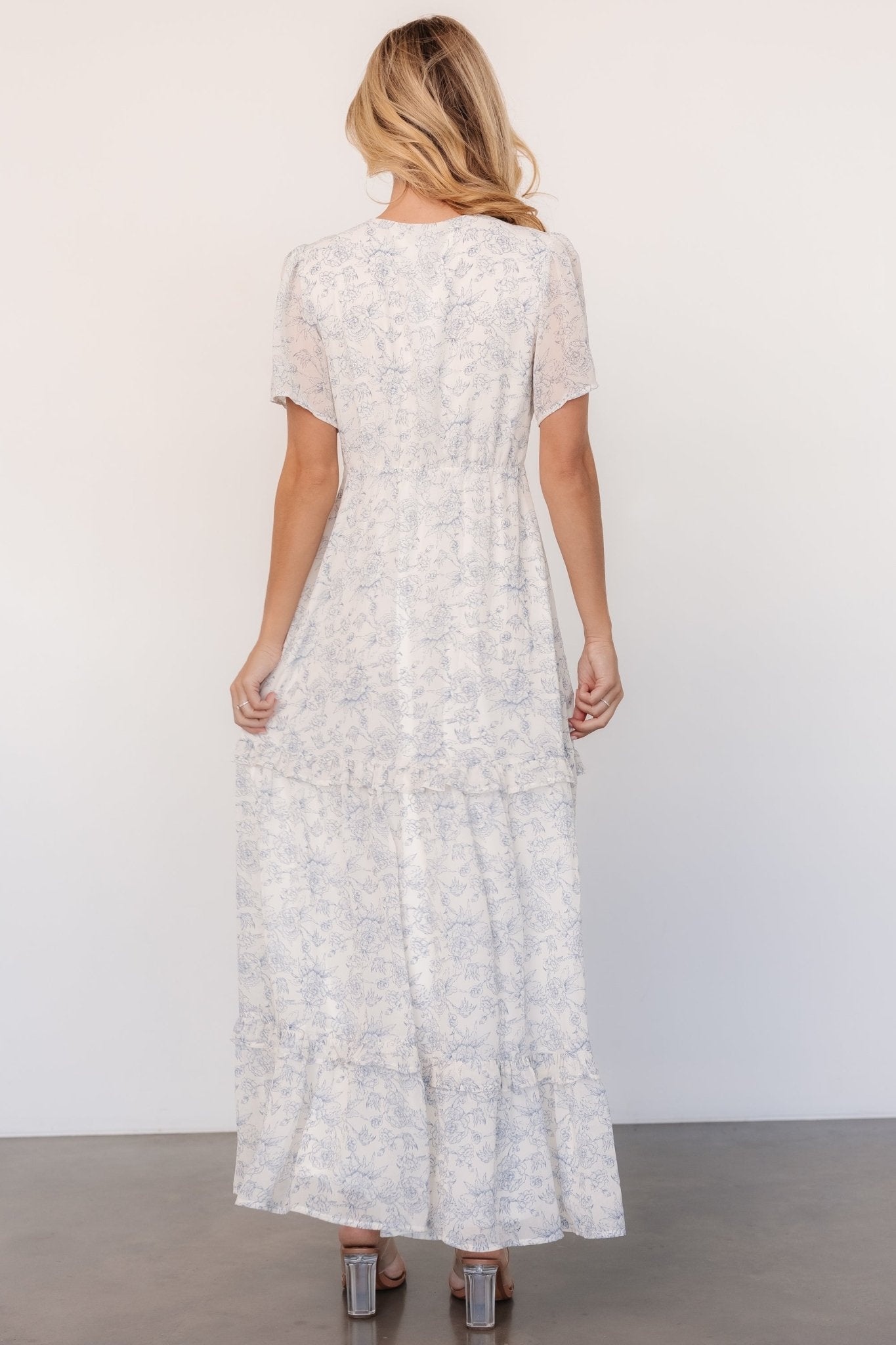 Audrey Deep V Maxi Dress | Off White + Blue Floral - Baltic Born