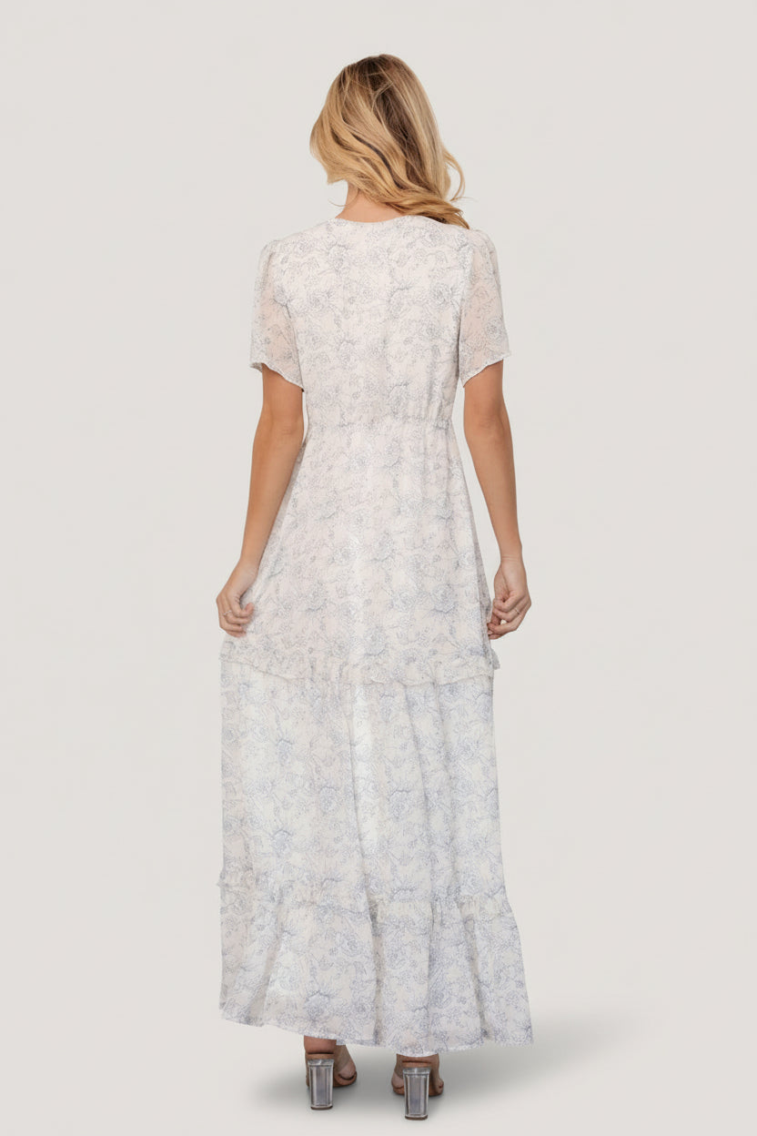artisanal off white maxi dress Baltic Born Womens Audrey Deep V Maxi Dress | Off White + Blue Floral