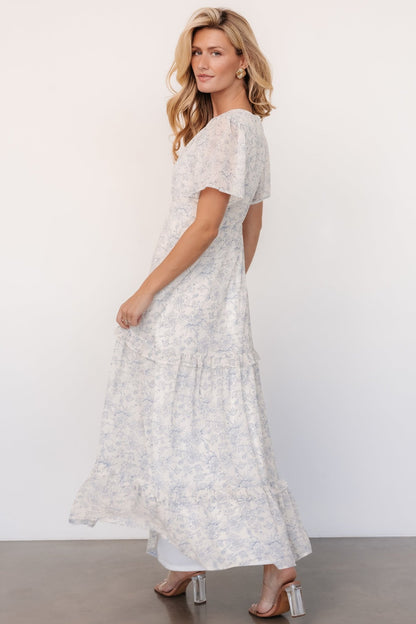 Audrey Deep V Maxi Dress | Off White + Blue Floral - Baltic Born