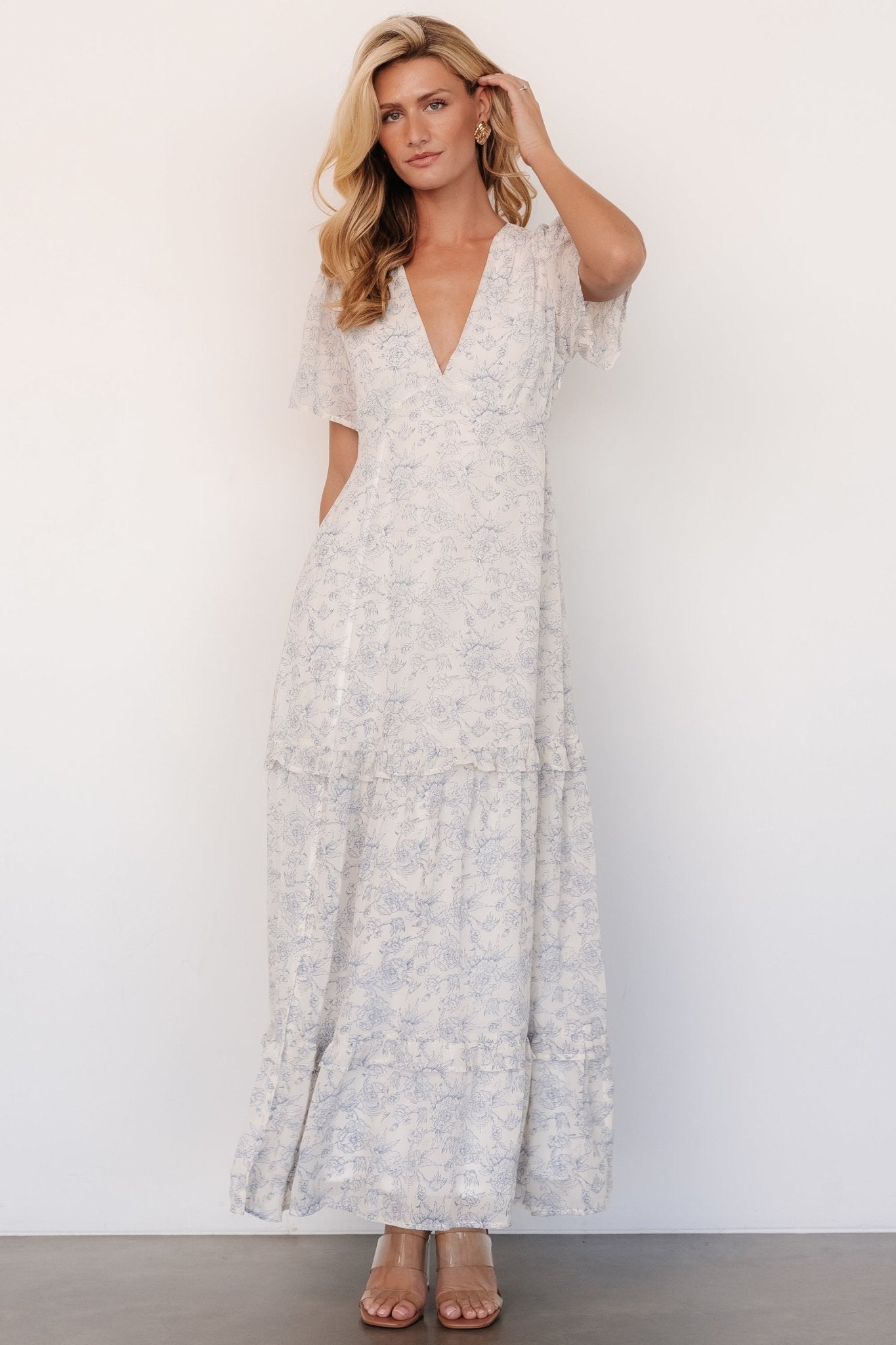 Audrey Deep V Maxi Dress | Off White + Blue Floral - Baltic Born