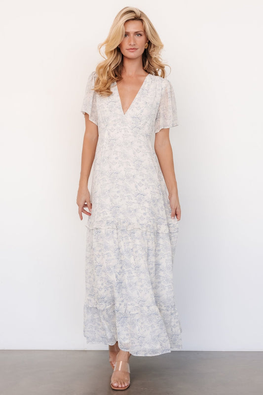 Audrey Deep V Maxi Dress | Off White + Blue Floral - Baltic Born