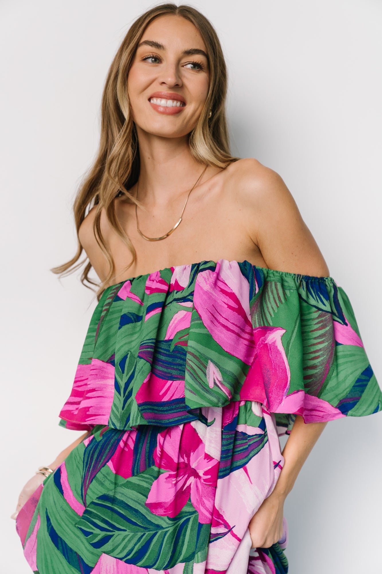 Azalea Off Shoulder Maxi Dress | Green + Fuchsia Floral Azalea Off Shoulder Maxi Dress | Green + Fuchsia Floral
