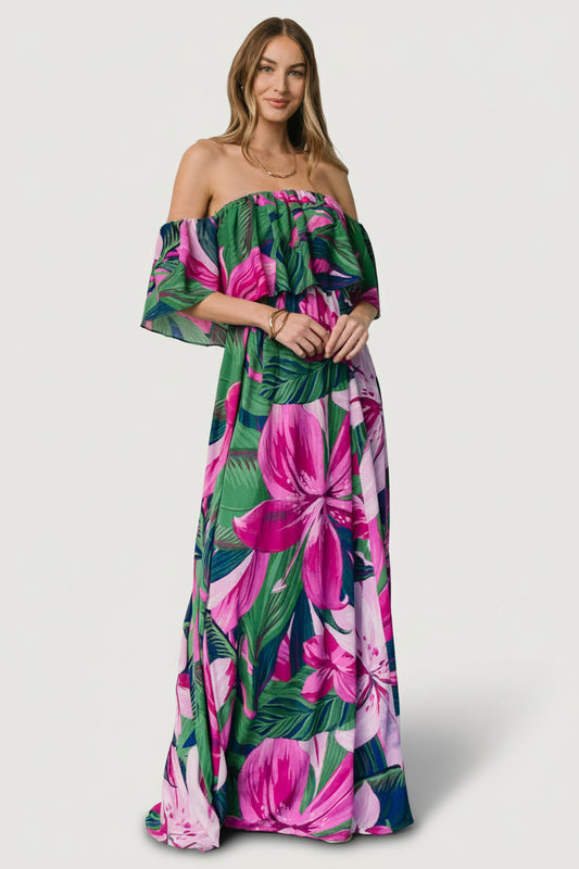 Baltic Born Womens Azalea Off Shoulder Maxi Dress | Green + Fuchsia Pink Floral | Size: XS Baltic Born Womens Azalea Off Shoulder Maxi Dress | Green + Fuchsia Pink Floral | Size: XS