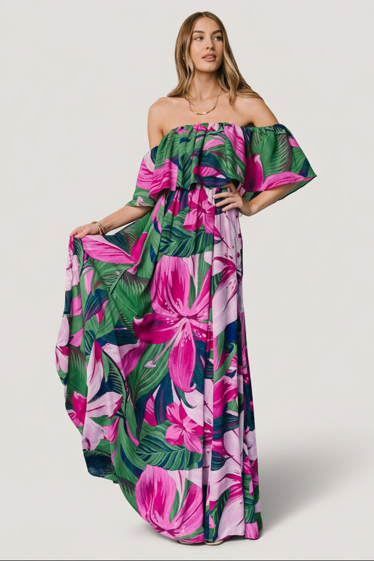 Azalea Off Shoulder Maxi Dress | Green + Fuchsia Floral