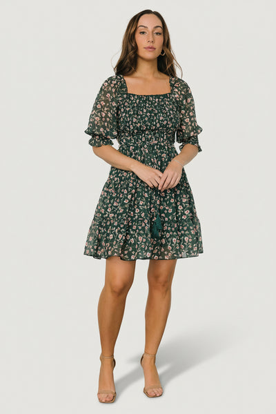 Azlyn Smocked Short Dress | Green + Pink Floral