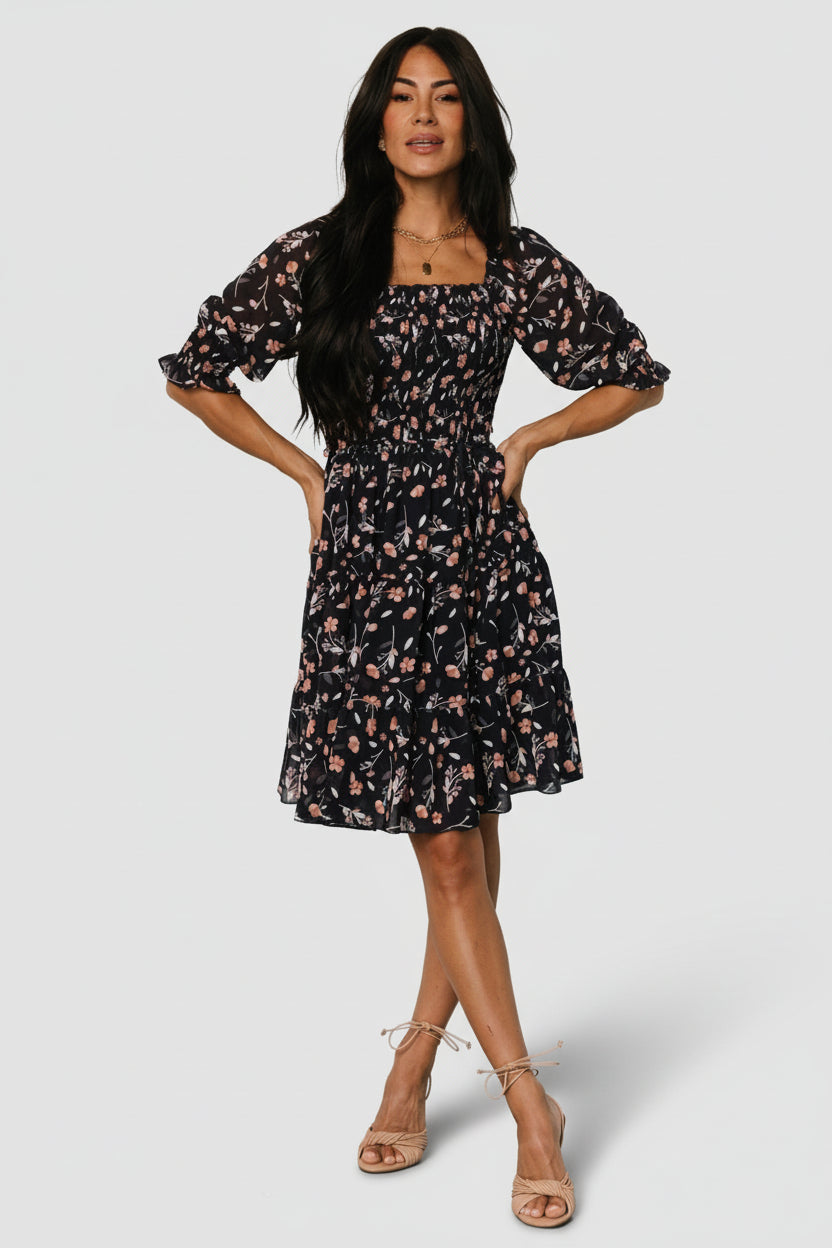 Azlyn Smocked Short Dress | Navy + Pink Floral