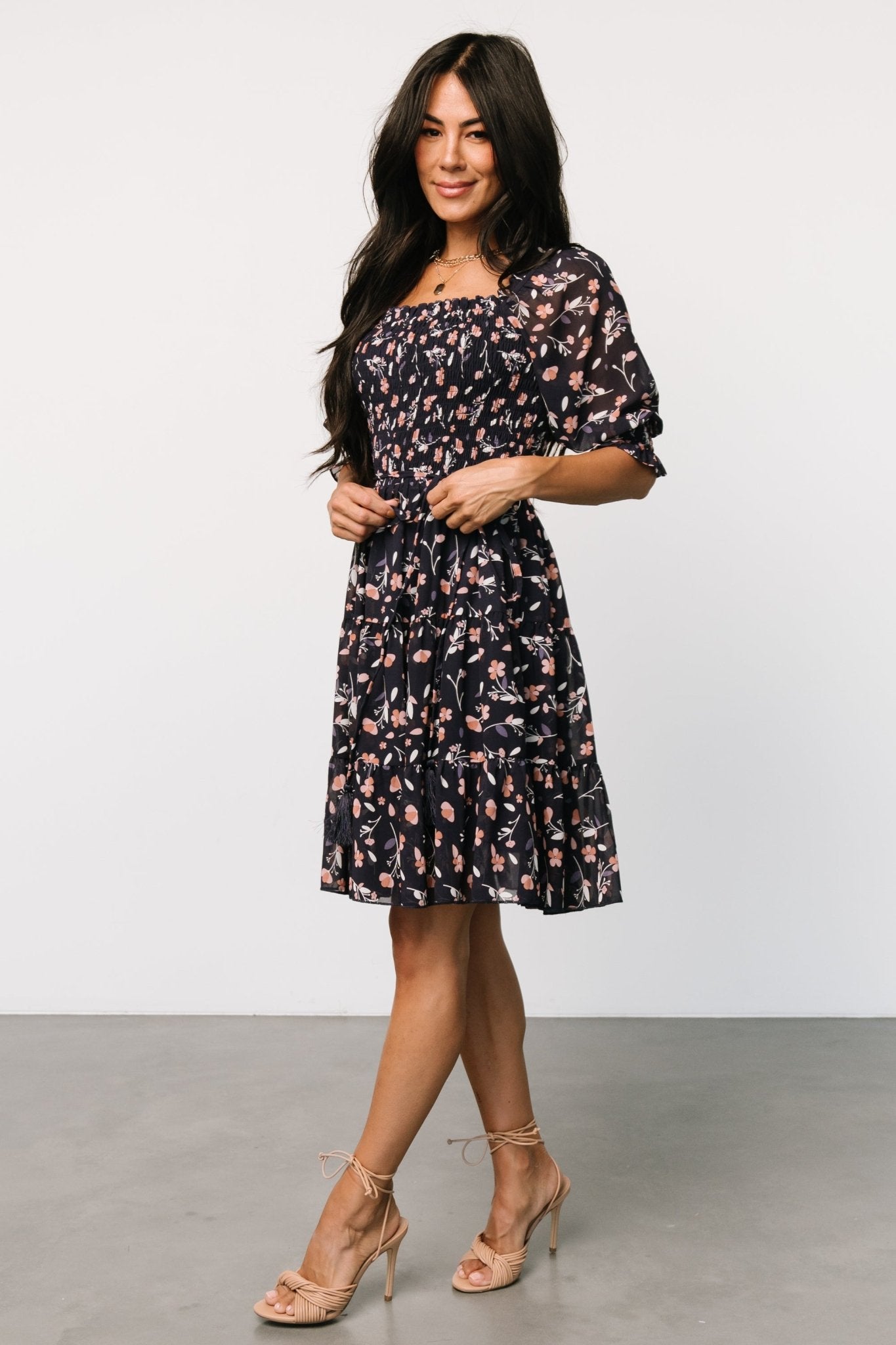 Azlyn Smocked Short Dress | Navy + Pink Floral - Baltic Born